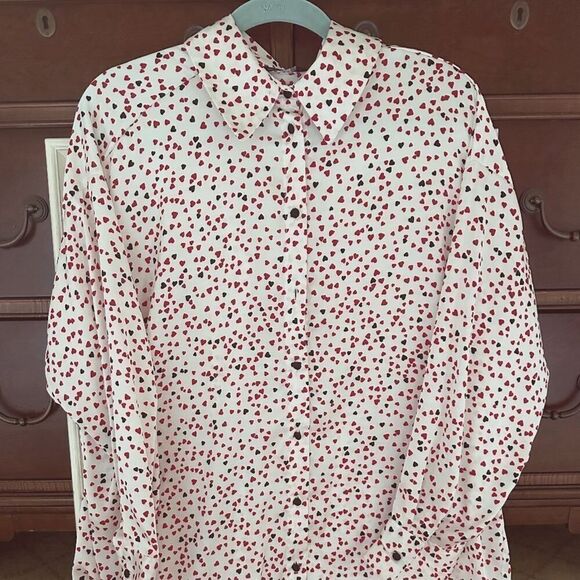 Zara white silken long sleeve button down shirt with red and black hearts NWOT M - Picture 1 of 14